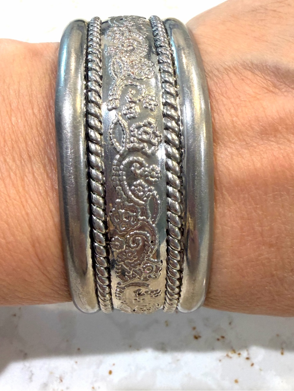 Silver Metal Etched Cuff Bracelet